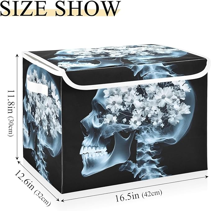 Storage Cube with Lid Skull with Flower Print 16.5×12.6×11.8 IN Collapsible Large Capacity Foldable Storage Basket Bin Organizer