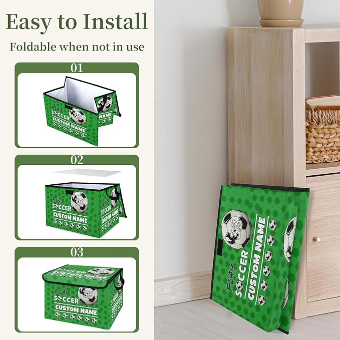 Soccer Custom Storage Bins with Lid Foldable Fabric Personalized Storage Basket Box with Handle Storage Organizer Container for Home Bedroom Closet