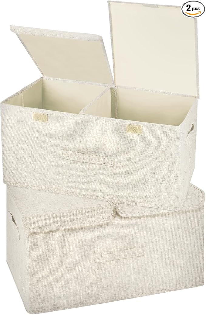 2 Pack Storage Boxes with Lids and Handles Collapsible Linen Storage Bins Organizer Containers Baskets Cube with Removable Divider for Home Bedroom Closet Office (Cream Large)