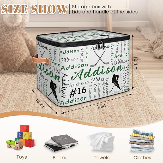 Custom Hockey Storage Bins with Lid Personalized Foldable Storage Basket Boxes with Handle Sport Shelf Basket Closet Organizer Cube