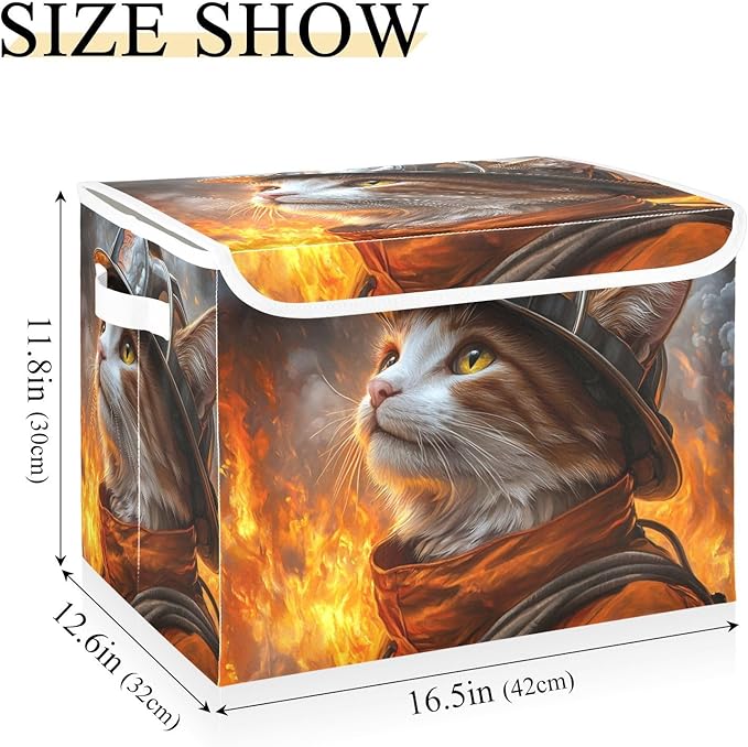 AIXIWAWA Lidded Storage Cube (Firefighter Cats) Fabric Foldable Closet Bins with Flip Lid and Handles Organizer Basket Container 16.5 x 12.6 x 11.8 IN