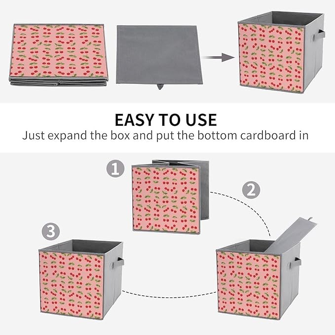 Fabric Cube Storage Bins with Handles Pink Cherry Fruit Theme Cherries Foldable Collapsible Organizer for Shelving Units Decorative Box for Living Room &amp Bedroom Decor