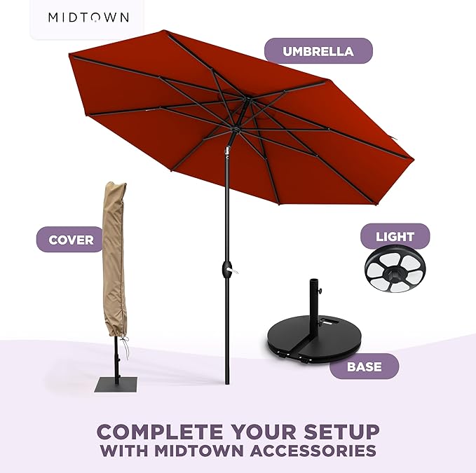 Midtown Umbrellas - 10-Year-No-Fade 8 Ft Patio Umbrella with Terylast Fabric Auto-Tilt Aluminum Frame and 8 Reinforced Ribs for Deck Pool Garden &amp Beach - Apple Red Canopy Black Pole