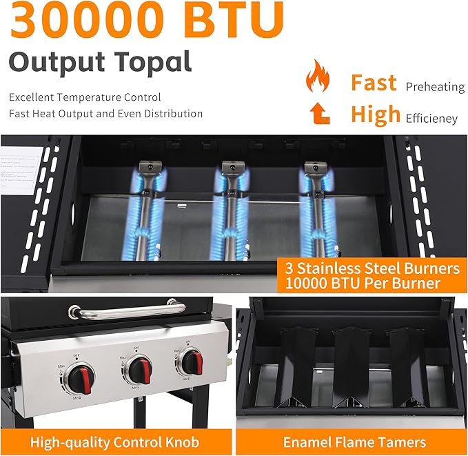 3-Burner Propane Gas Grill with Cast Iron Grate - 30000 BTU Output &amp Easy-Clean Grease Management for Perfect BBQs (3-Burner)
