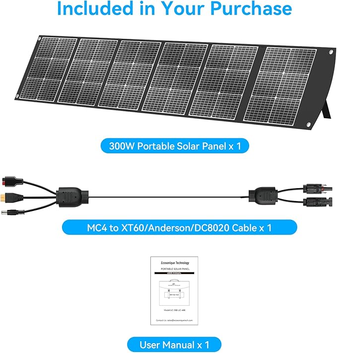 Ecosonique 300W Portable Solar Panel for Most Power Stations Foldable &amp Lightweight Solar Suitcase with Kickstands 40V MC4 &amp Multi-Output for Solar Generators RVs Camping and Outdoor Use