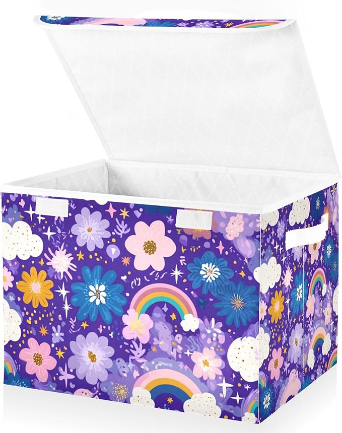 Collapsible Storage Bins with Lids Decorative Fabric Storage Cubes Closet Organizer and Storage Basket Boxes Containers for Clothes Box Chest Nursery Folding Rectangle Purple Rainbows Stars