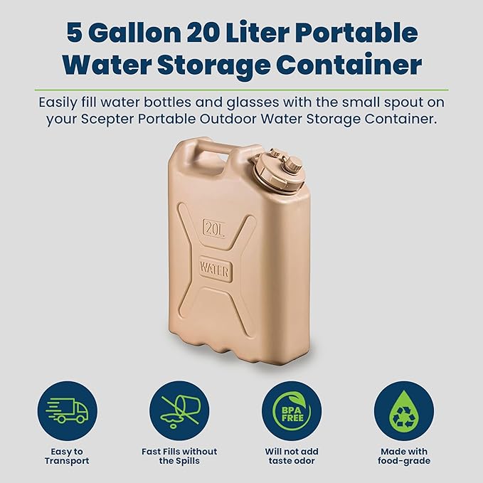 Scepter 4-Pack Portable Military Style Water Container for Camping &amp Outdoors 5 Gallon Sand - Heavy-Duty Plastic Beverage and Hydration Dispenser for Outdoor Trip