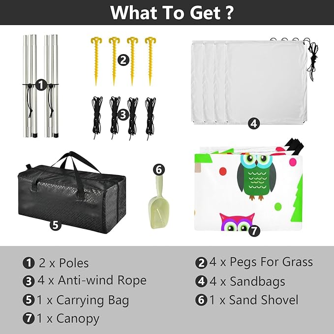 xigua Cartoon Owls Beach Tent Sun Shelter with Carrying Bag - Silver Coated Oxford Fabric Beach Canopy for Beach Camping Fishing - Includes Windproof Ropes Sandbags &amp Stakes