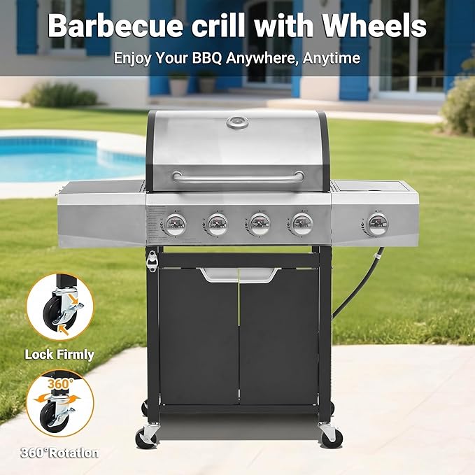 Endark 51000BTU|4-burner propane gas grill | Stainless steel construction | Dual side racks and wheels | Designed for patio garden and backyard cooking