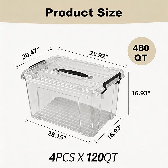 4 Pack 120 Quart Storage Bins with Lids Heavy-Duty Stackable Plastic Organizers Large Clear Storage Containers with Secure Latches &amp Handles BPA-Free for Closet Bathroom Office Garage