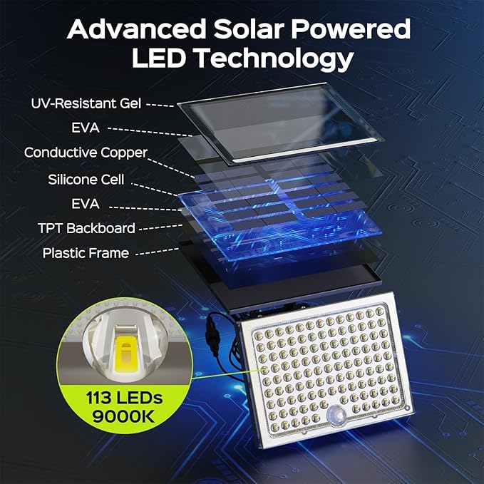 JACKYLED Solar Lights for Outside with Motion Sensor 113 Bright LEDs 9000K Solar Flood Lights Outdoor Waterproof Dusk to Dawn Solar spot Lights Solar Security Lights with 16.4ft Cable 2 Pack