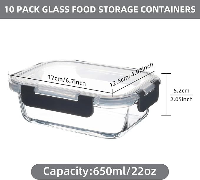 10 Pack 22 oz Glass Meal Prep Containers Food Storage Containers with Lids Airtight Leakproof Lunch Containers for Kitchen Freezer Microwave Dishwasher Safe (Grey)