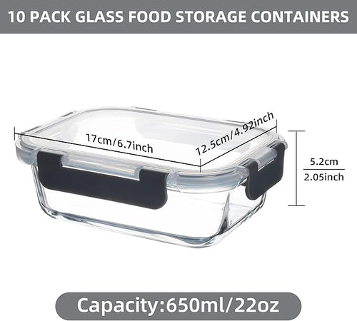 10 Pack 22 oz Glass Meal Prep Containers Food Storage Containers with Lids Airtight Leakproof Lunch Containers for Kitchen Freezer Microwave Dishwasher Safe (Grey)