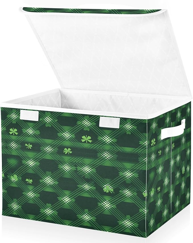 Clover Plaid Fabric Storage Bins with Lids and HandleFoldable Storage Bins with LidsCloset Organizers for Clothes Storage Room Organization Office Storage Chest Organizer