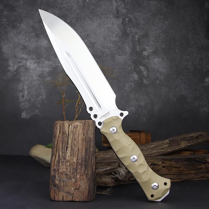 LENGREN【Chief 12.6 Inches THK Full Tang Drop Tactical Fixed Blade Knife Sleipner Steel G10 Handle Kydex Sheath for CampingHikingHuntingFishing (White)