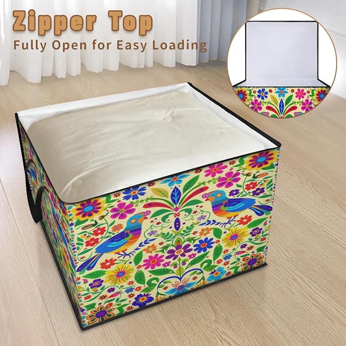 XL Large Clothes Storage with Lid Handle Mexican Large Thick Clothes Blanket Storage Containers for Organizing Bedroom Closet Comforter Organization Storage Mexico Style Floral Bird