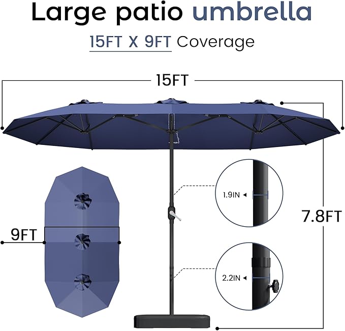 DomeShade 15ft Patio Umbrella with BaseLarge Outdoor Double-Sided Rectangle Umbrella with Crank Handle Market Umbrella for Poolside Garden Deck Backyard Beach Pools Navy Blue