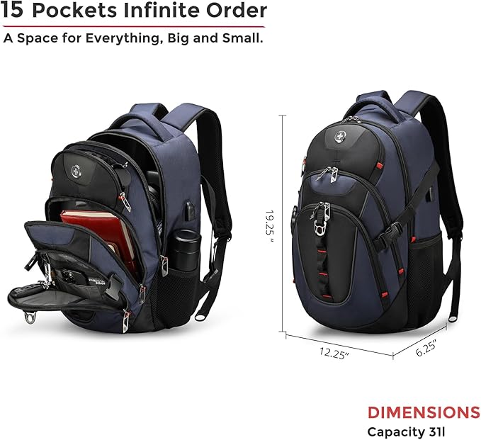 Swissdigital Design Laptop Backpack with USB Charging Port Travel Backpack Fits 15.6 inches Computer 31L College School Backpack for Men Blue/Black | SD803-12
