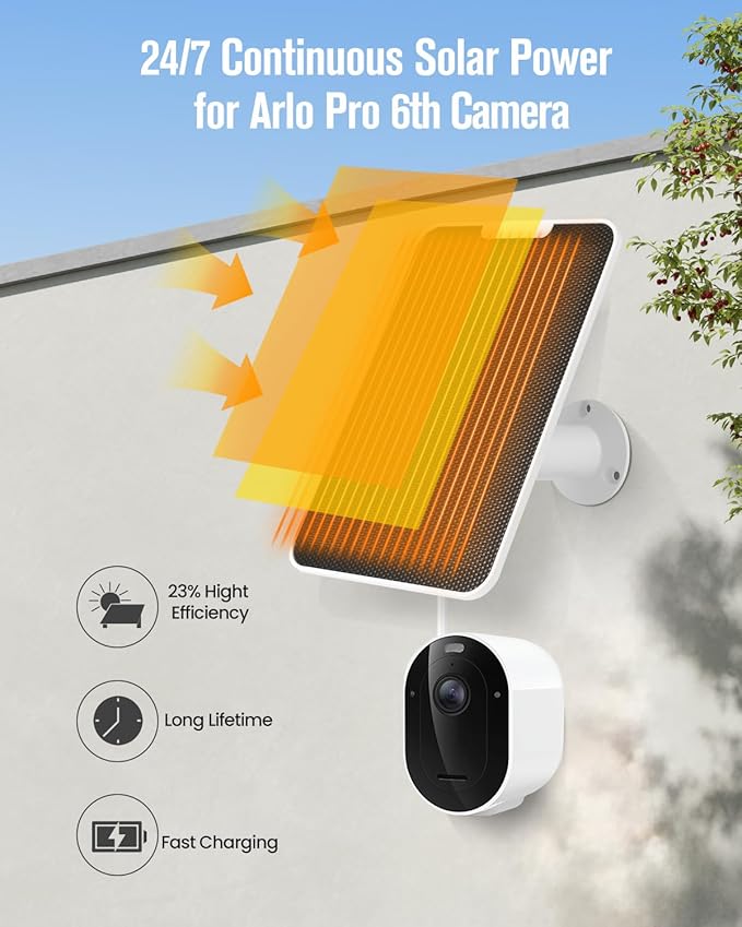 Solar Panel Charger Compatible with Arlo Pro 6/6 XL 6V 5W Solar Panel for Arlo Pro Security Camera 2K HDR (6th Gen 2025 Release) IP65 Weatherproof USB-C Plug 9.8ft Cable Secure Wall Mount 1 Pack