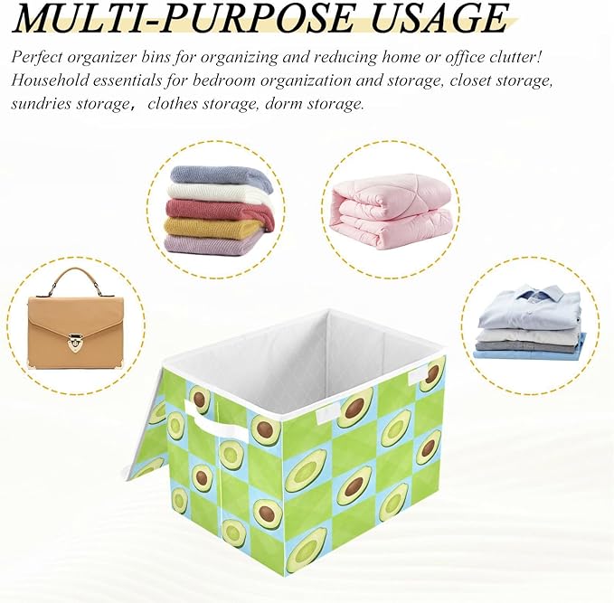 Storage Bins With Lid Stackable Fabric Closet Organizer Clothing Storage Large Boxes For Closet Shelves Bedroom Emerald Green Blue Checkered Avocado
