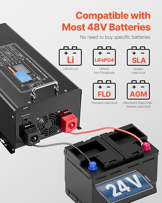 VEVOR Pure Sine Wave Inverter Charger 6000 Watt DC 48V to AC 120V Battery Charger with LCD Display Remote Control Solar Inverter for Off-Grid Solar RV Boat Home Compatible with Various Batteries