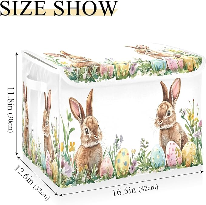 Christmas Storage Baskets with Lids Cute Bunnies Easter Eggs Collapsible Bins Stackable Fabric Linen Baskets Closet Organizer Container 16.5x12.6x11.8