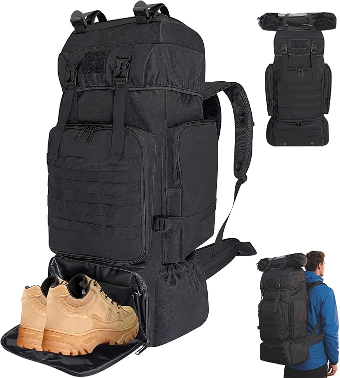70L Hiking Backpack for Men Women Camping bag with Shoe Compartment Large Military Tactical Backpack MOLLE Rucksack Sport Travel Backpacking Daypack (Black)