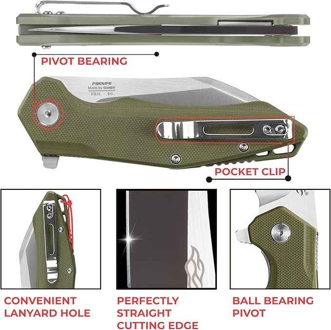 Firebird GANZO FH31 Folding Pocket Knife D2 Steel Wharncliffe Blade Ergonomic G10 Handle with Clip Hunting Fishing Flipper Camping Outdoor EDC Knife
