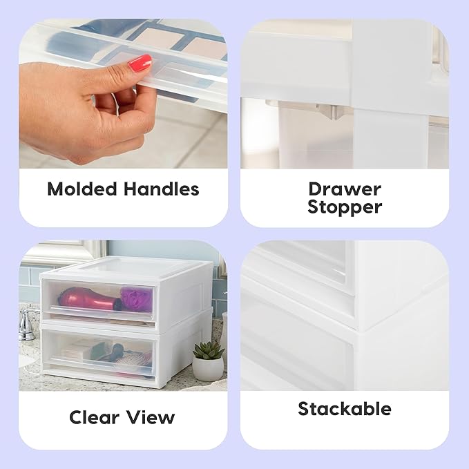 IRIS USA 22 Qt Under Bed Storage Drawer Stackable Plastic Organizer Bin Smooth-Glide Sliding Drawer 4 Pack White