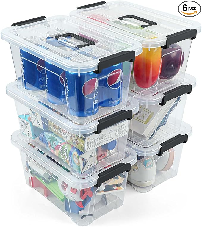 NUMIFUN Plastic Storage Bins with Lids 6 Pack Storage Organizer 7 Quart Stackable Storage Bins with Buckle-Up Latches and Handle Storage totes easy for Home Office Pantry Organization Clear Lids