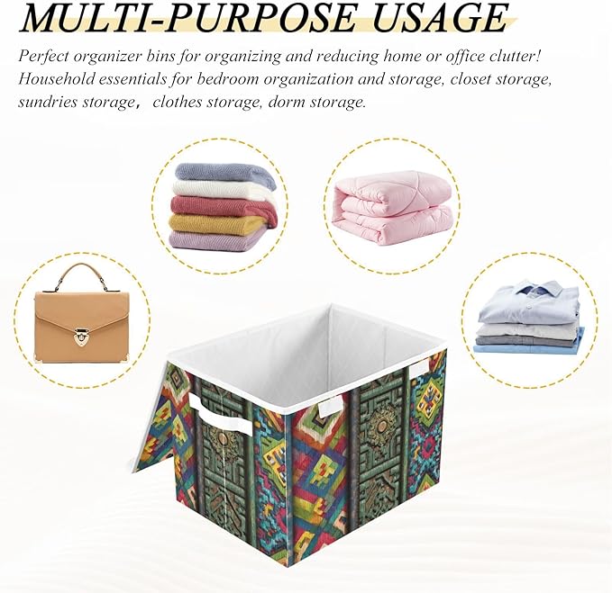 Tradition Pattern Large Storage Bins with Linen Foldable Storage Box Fabric Organizer Bin with Flip-Top Lid for Home Office 16.5 x 12.6 x 11.8 Inch