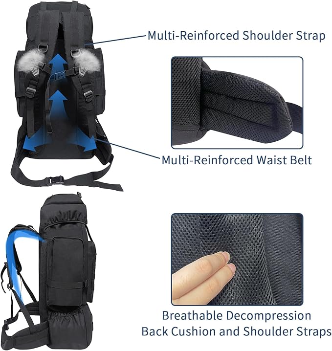 70L Hiking Backpack for Men Women Camping bag with Shoe Compartment Large Military Tactical Backpack MOLLE Rucksack Sport Travel Backpacking Daypack (Black)
