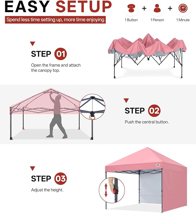 ABCCANOPY Easy Pop up Canopy Tent with 2 Sidewalls for Outdoor Sun Blocking or Rain Protection10x10 Pink