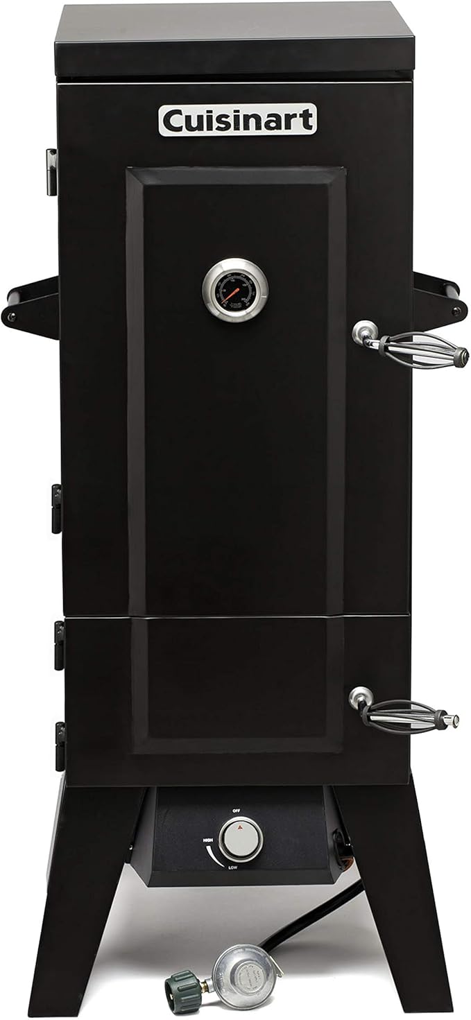 Cuisinart 36” Vertical Propane Smoker 4 Removable Racks Spacious BBQ Smoker with Wood and Water Trays 15000 BTU Heat for Smoked Meat Brisket Jerky Fish Perfect for Tailgates Backyard Camping
