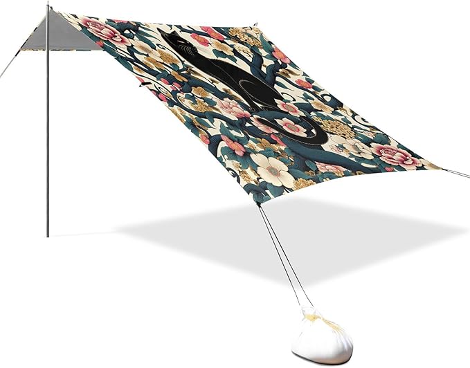 Black Cat and Japanese Flowers Beach Tent Sun Shelter Set UPF50+ UV Protection 10.5 x 9.19 FT Camping Shade Canopy with Sandbags Sand Anchors Carrying Bag and Others