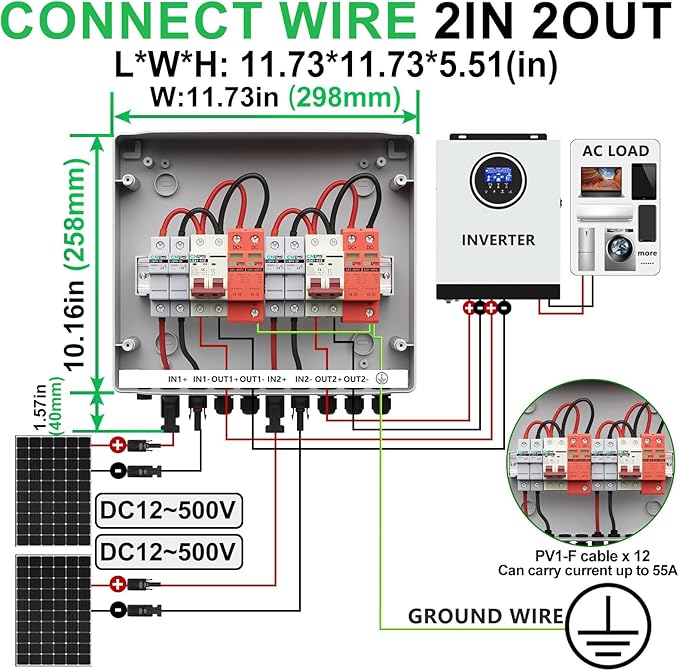 2 String Solar PV Combiner Box 2 in 2 Out IP65 DC500V 32A Circuit Breaker with Surge Protector and 15A PV FuseSolar Disconnect Switch Outdoor Waterproof for Solar Panels System