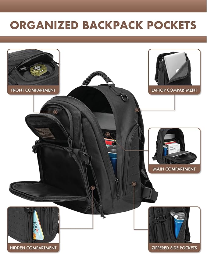 TRAILKICKER Military Tactical Backpack 40L for Men Hiking Camping Molle EDC Daypack Army Assault Pack Lightweight Work Backpack with Water Bladder Compartment Black