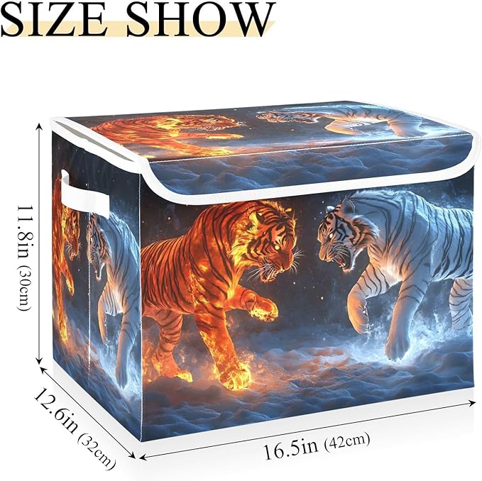 Storage Cube with Lid Animal Ice Fire Print 16.5×12.6×11.8 IN Collapsible Large Capacity Foldable Storage Basket Bin Organizer