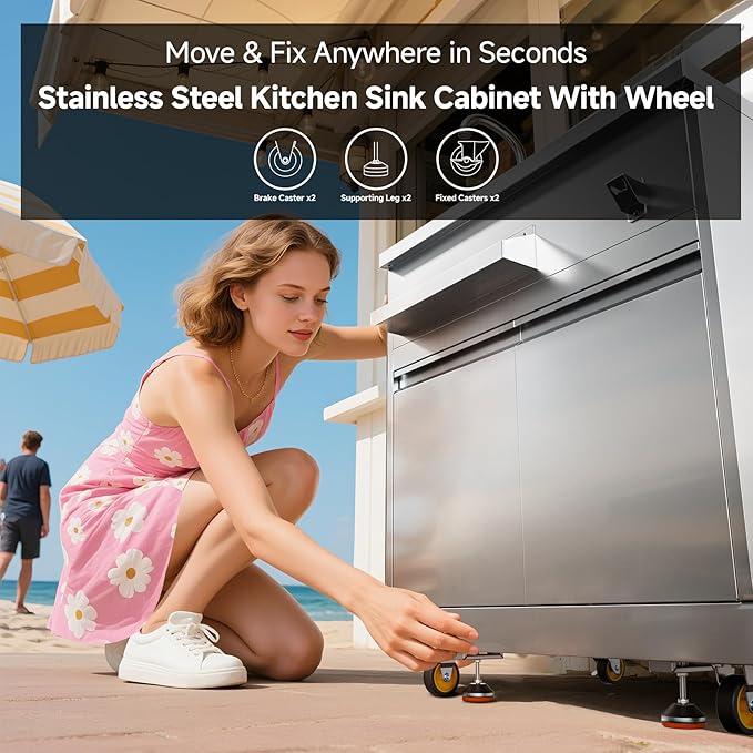 BODEGA Stainless Steel Outdoor Kitchen Sink Cabinet Outdoor Sink With Hose Hook UpSingle Bowl Kitchen Sinks With Brake Wheels &amp Spice Rac All-Weather Use Mobile Prep Station for BBQ Camping
