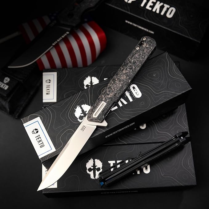 TEKTO F2 Bravo Folding Knife Pocket - D2 Steel Blade Ceramic Ball Bearings - EDC - Snap Swift Flip - Camping Backpacking - 2.4oz (68g) Forged Carbon Handle Silver Titanium Accents