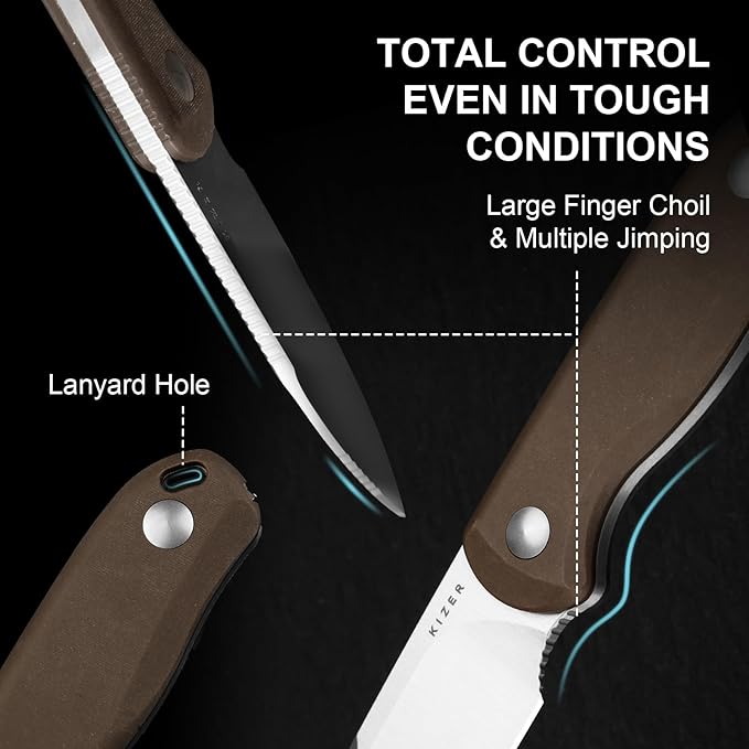 Kizer Drop Bear Fixed Blade Knife 2.57 14C28N Satin Blade EDC Camping Knife with Norplex UltreX™ Brown Micarta Handle &amp Built-in Tools Small Hunting Survival Knives with Kydex Sheath 1094A2