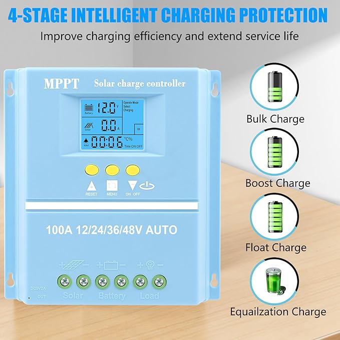 100A MPPT Solar Charge Controller Solar Panel Intelligent Regulator 12V 24V 36V 48V Dual USB Ports Max 100V Input for Lead-Acid/Lithium Blue