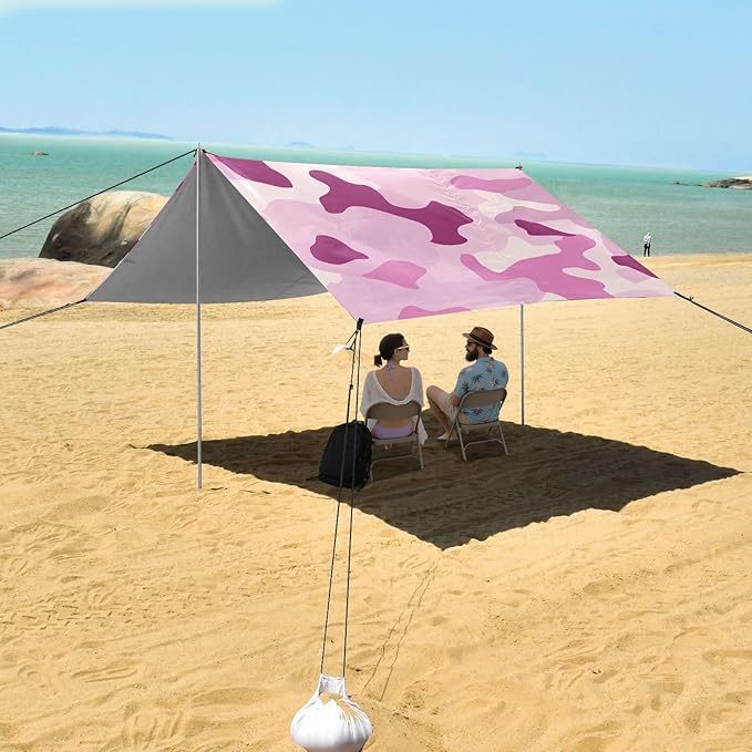 Blue Gray Beach Tent UPF50 Waterproof Portable Sun Shelter with Sandbags and Shovel for Backyard and Camping
