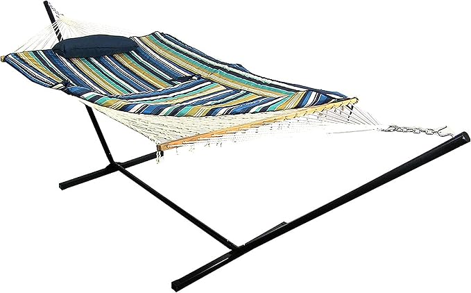 Sunnydaze Rope Hammock with Stand for Outside- 275-Pound Capacity - Includes 12-Foot Hammock Stand Spreader Bar Pad and Pillow - Lakeview