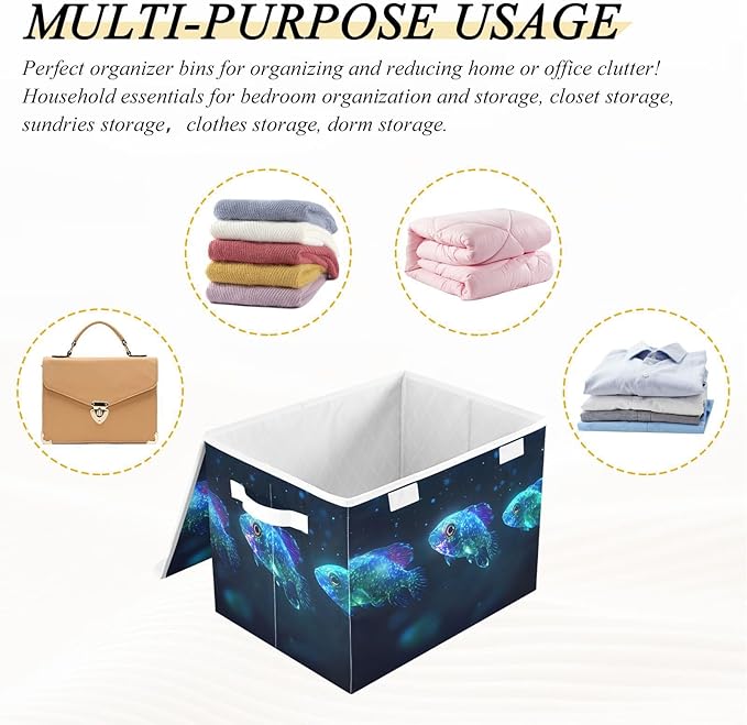 Storage Cube with Lid Glowing Fishes Print 16.5×12.6×11.8 IN Collapsible Large Capacity Foldable Storage Basket Bin Organizer