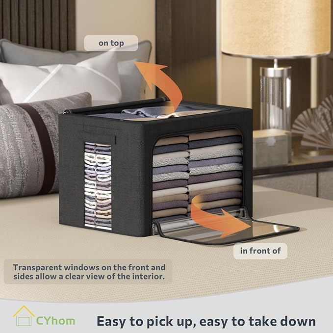 CYhom Clothes Storage Bins Box - Linen Fabric Foldable Stackable Container Organizer Set with Clear Window &amp Carry Handles &amp Metal Frame (Black Medium-36L)