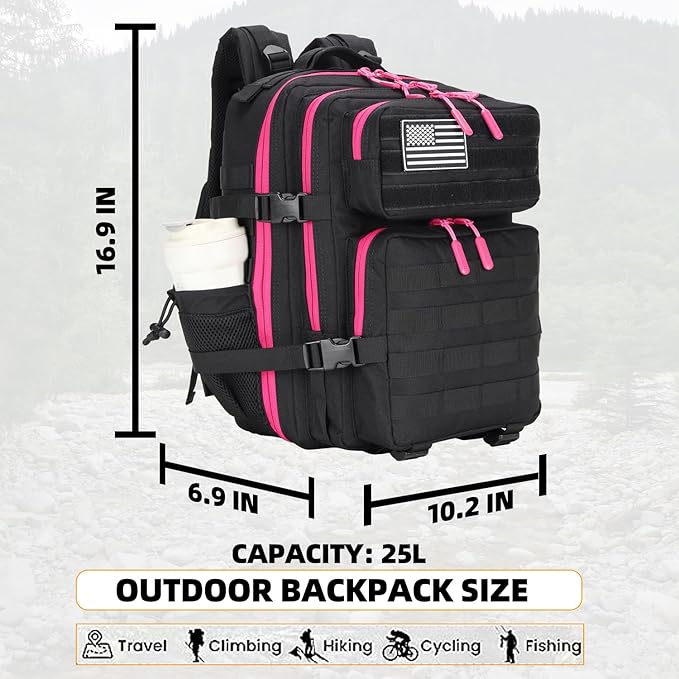 Lovelinks21 25L Tactical Military Backpack Small Travel Backpack for Men and Women Assault Pack Bug Out Bag Molle Daypack Gym Backpack with Bottle Holder (Black Neon Pink)
