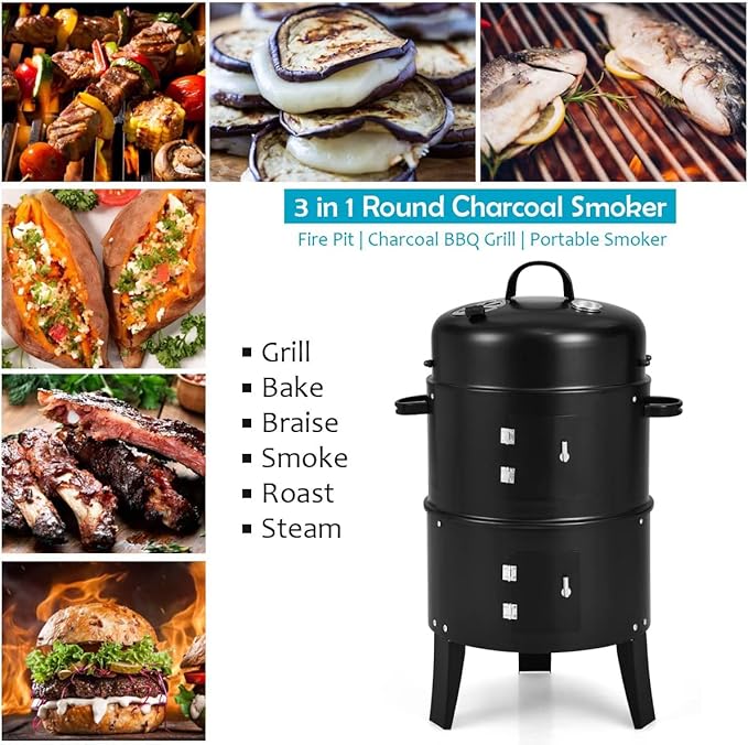 Giantex 3-in-1 Charcoal BBQ Smoker Outdoor Grill Cooker with Built-in Thermometer and 6 Hooks for Outdoor Backyard Cooking Grilling Camping