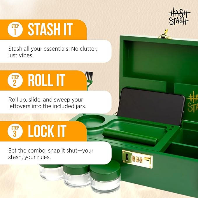 The OG Stash Storage Box - Large Bamboo Box with Combination Lock Magnetic Lid Organizer Tray 3 Jars and Brush - Portable Decorative Wooden Lock Kit with Accessories (Green/Gold)