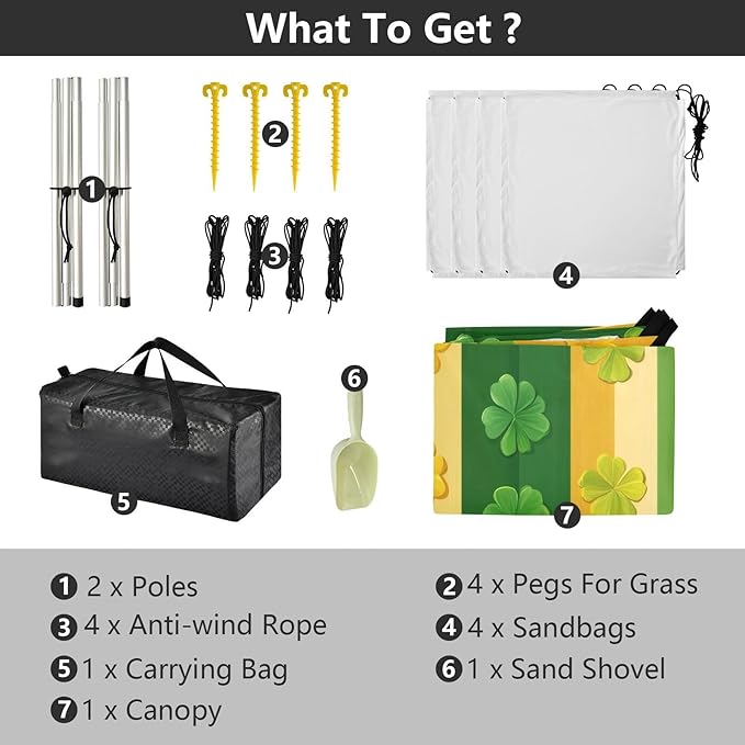 St Patrick's Striped Shamrocks Beach Tent Sun Shelter Set UPF50+ UV Protection 10.5 x 9.19 FT Camping Shade Canopy with Sandbags Sand Anchors Carrying Bag and Others